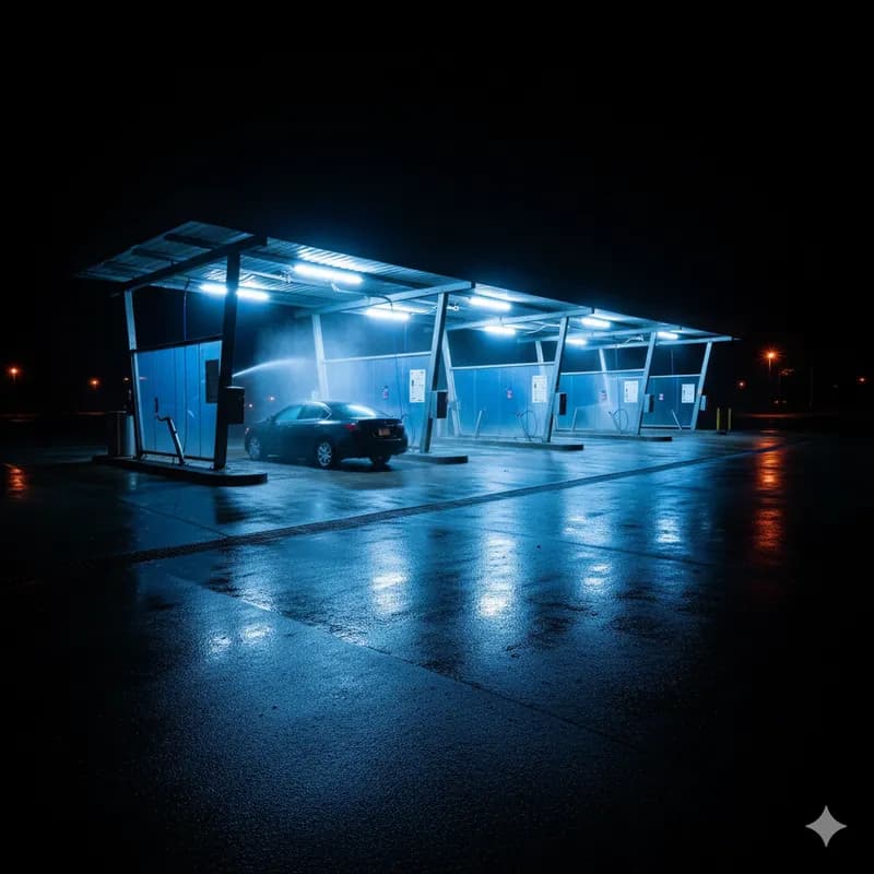 Pista de lavagem iluminada à noite